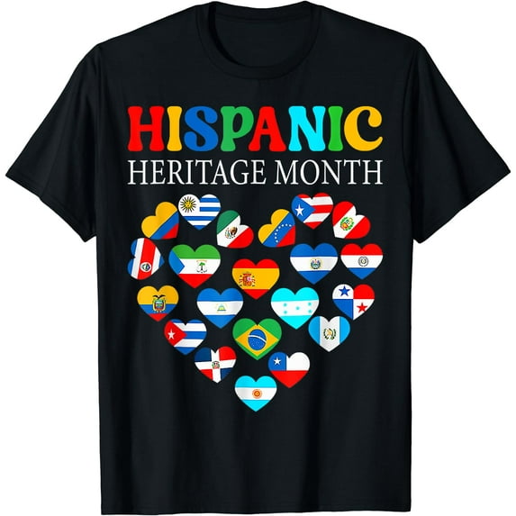 Happy National Hispanic Heritage Month All Countries Heart T-Shirt Black Medium