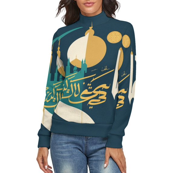 Happy New Hijri Year Arabic Women's Turtleneck Sweater Long Sleeve Ribbed Fitted Turtle Neck Casual Fall Winter Collection Top 2XL
