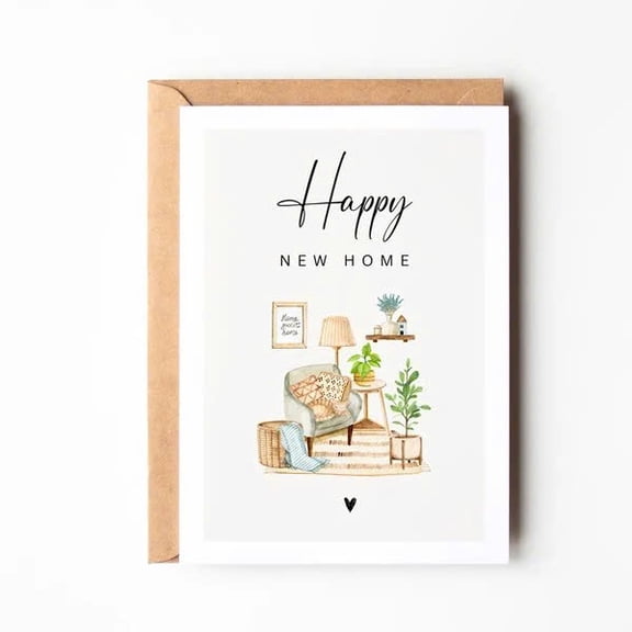 Happy New Home Card – Charming Cozy Living Room Design – Blank Inside with Envelope – Perfect for Housewarming Gifts or Celebrations