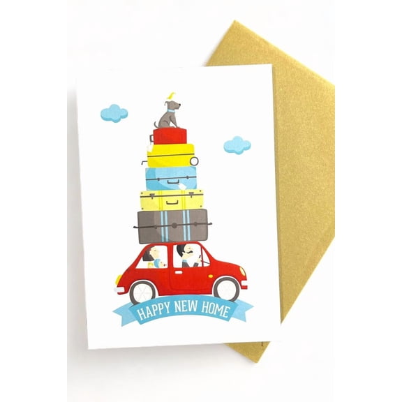 Happy New Home Card – Charming Illustration of a Family Moving with Pet – Envelope Included, Blank Inside – Perfect for Housewarming Celebrations and New Beginnings