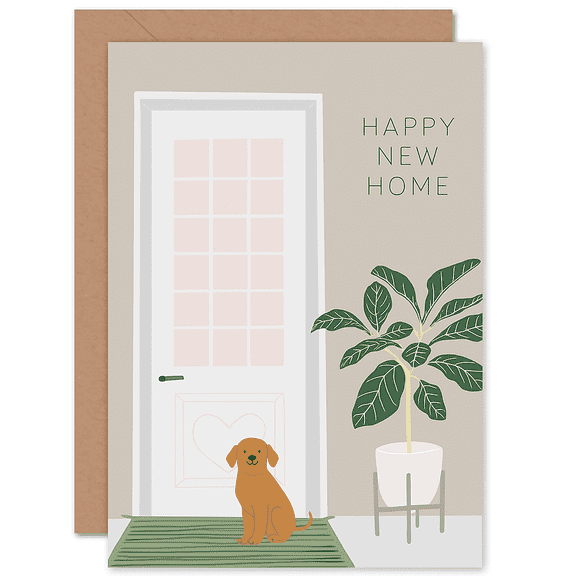 Happy New Home Card – Cute Puppy and Plant Design – Blank Inside, Envelope Included – Perfect for Housewarming Gift and New Home Celebrations