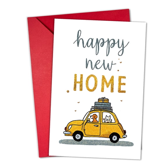 Happy New Home Card with Glitter - Cute Dog and Cat Moving in a Yellow Car Design - Envelope Included, Blank Inside - Perfect Gift for Housewarming Celebrations