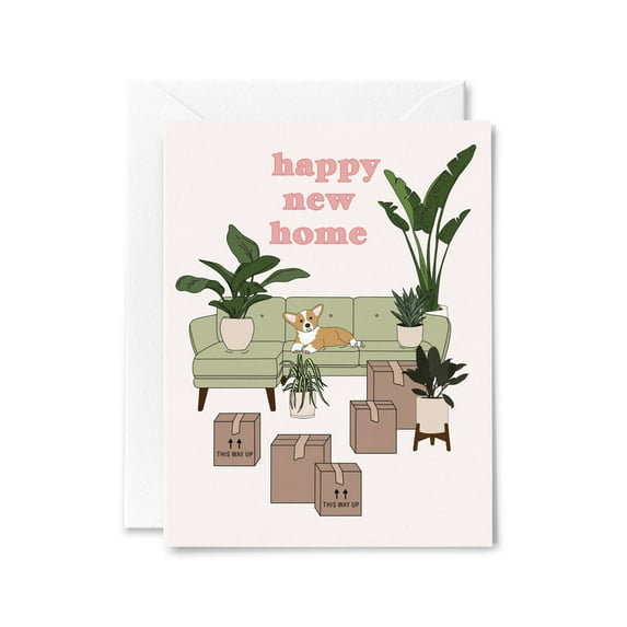 Happy New Home Card with Corgi and House Plants – Blank Inside Greeting Card for Housewarming Gifts – Cute Moving In Card with Envelope Included