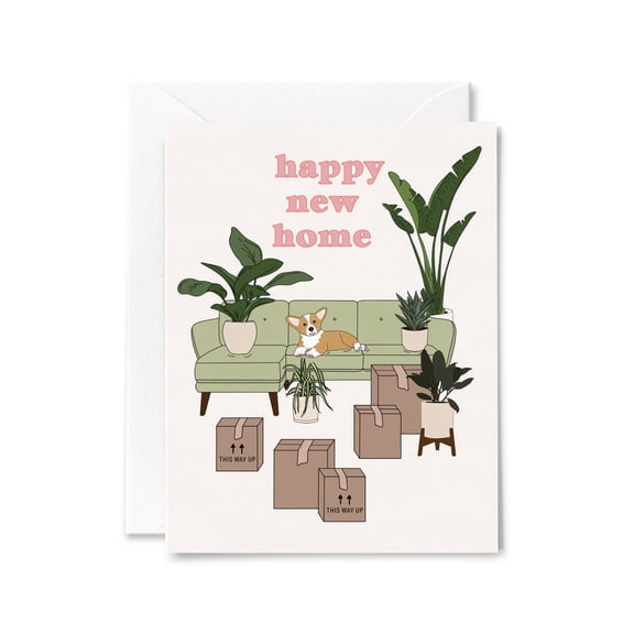 Happy New Home Card with Corgi and House Plants Blank Inside Greeting Card for Housewarming Gifts Cute Moving In Card with Envelope Included