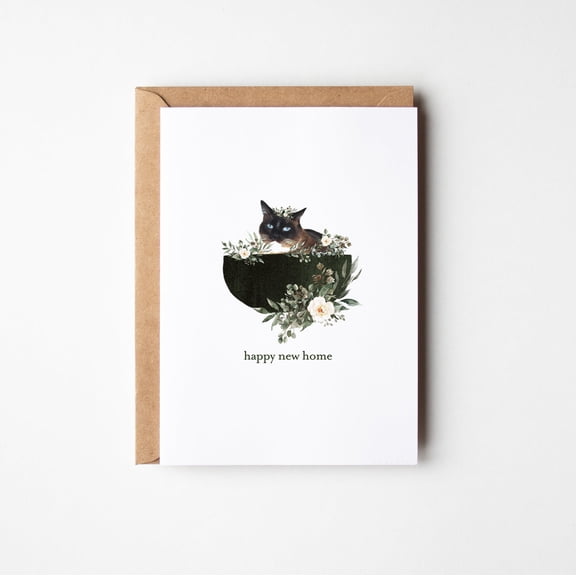 Happy New Home Card with Cute Cat Illustration – Floral Design – Blank Interior – Perfect for Housewarming Gifts & New Beginnings