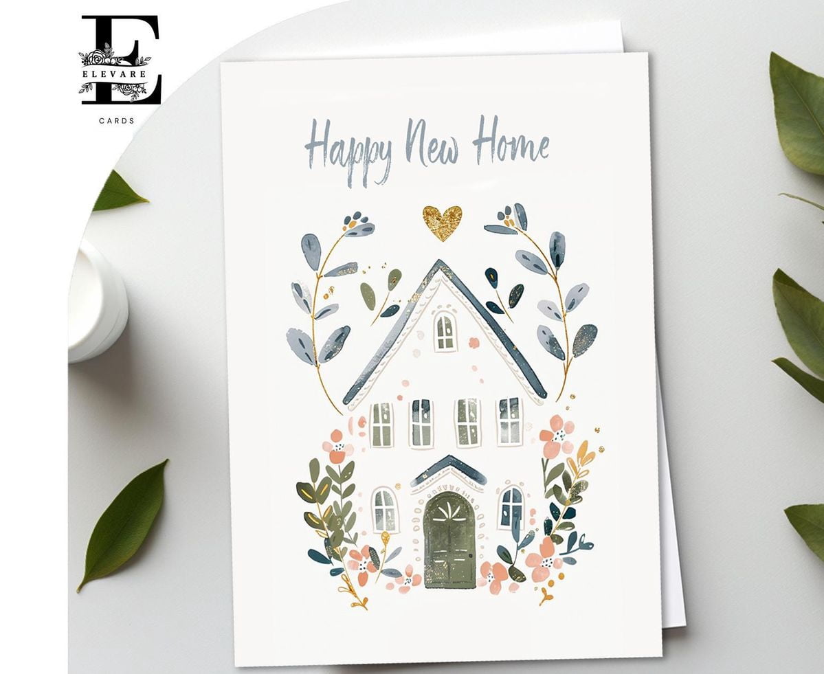 Happy New Home Greeting Card – Beautiful Floral House Design – Blank ...
