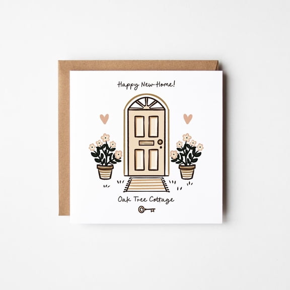 Happy New Home Greeting Card Cute Door Illustration with Flowers Blank Inside Perfect for Housewarming Celebrations