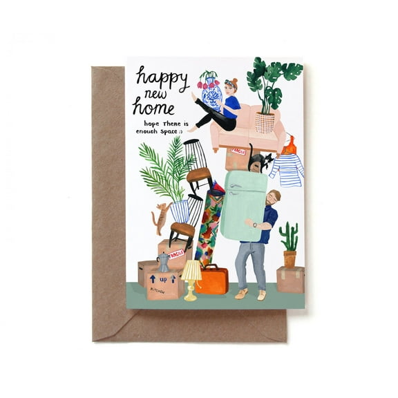 Happy New Home Greeting Card Hilarious Moving Illustration Perfect for Housewarming Celebrations Blank Inside, Envelope Included