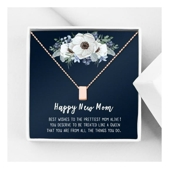 Happy New Mom Mother's Day Necklace, Mother's Day Gift for Her, Silver Cube Necklace, Mother's Day Card and Necklace, Gift for Mom with Gift Box Ship Next Day! [Rose Gold Cube, No-Personalized Card]