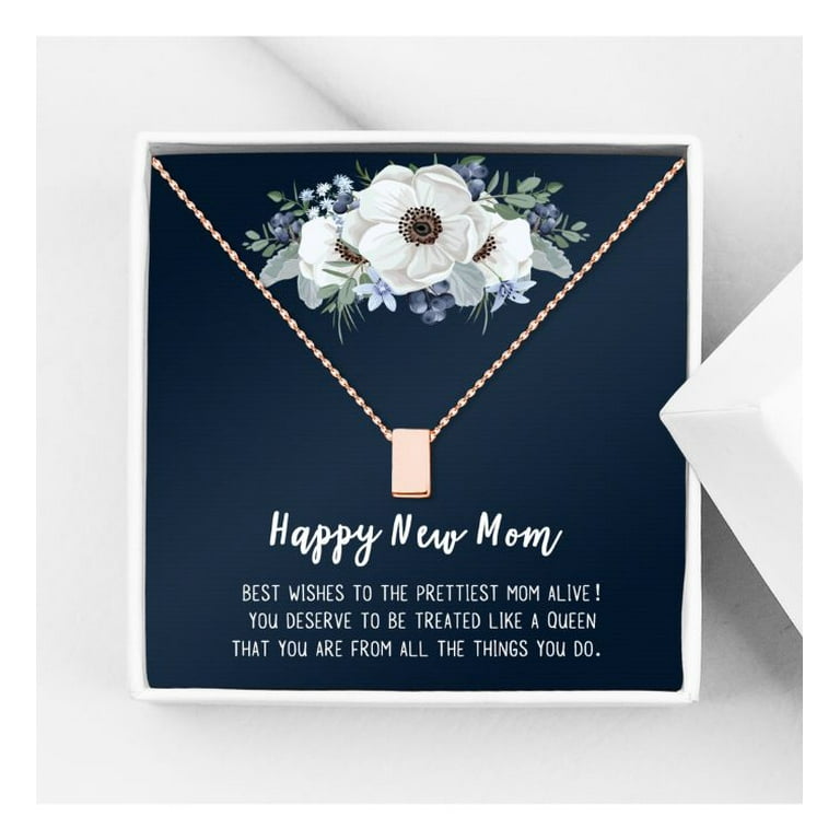 Happy New Mom Mother's Day Necklace, Mother's Day Gift for Her, Silver Cube  Necklace, Mother's Day Card and Necklace, Gift for Mom with Gift Box Ship  Next Day! [Rose Gold Cube, No-Personalized