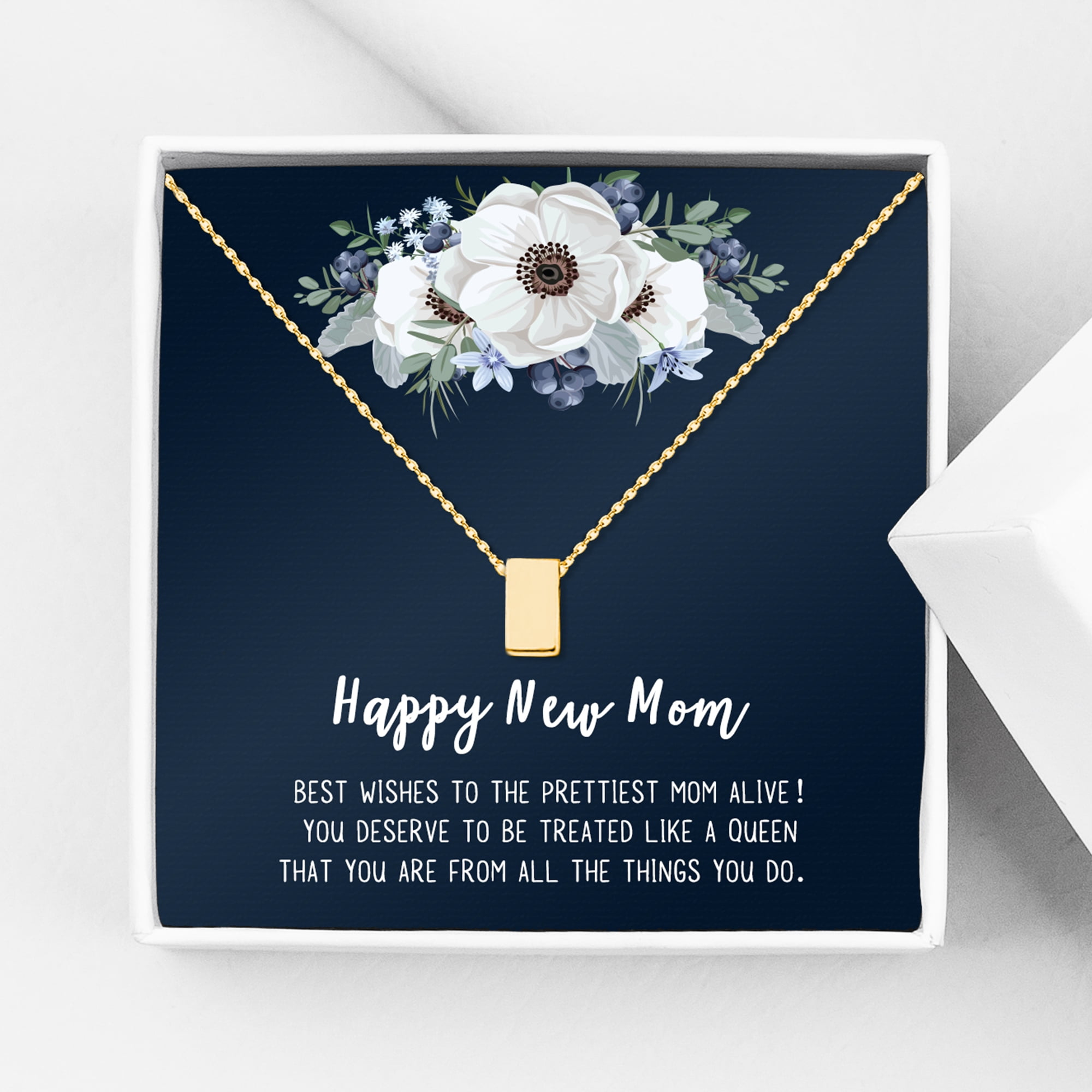 Happy New Mom Mother's Day Necklace, Mother's Day Gift for Her, Silver Cube Necklace, Mother's Day Card and Necklace, Gift for Mom with Gift Box Ship Next Day! [Gold Cube, No-Personalized Card]