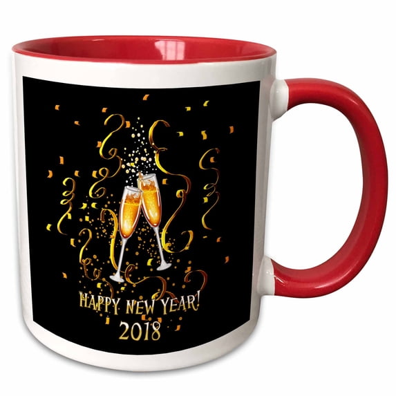 Happy New Year 2018 with champagne glasses, confetti and gold ribbon. 11oz Two-Tone Red Mug mug-266095-5
