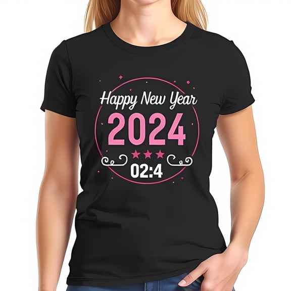 Happy New Year 2024 Cotton Short Sleeve T-Shirt - Stylish Pink Font with Stars & Swirls Design