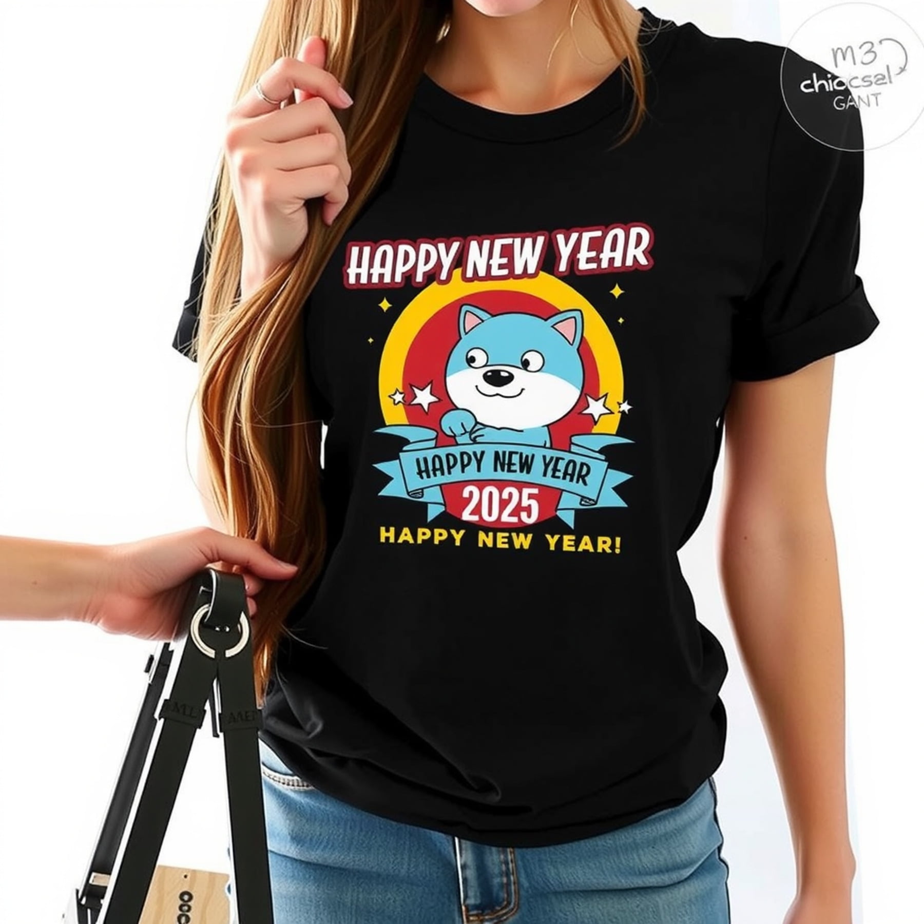 Happy New Year 2025 Black TShirt for Women Cheerful Design with