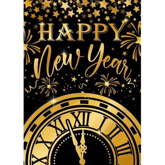 Happy New Year 2025 Clock Decorative Garden Flag, Black Gold Fireworks Stars Celebration Yard Outside Decorations, Golden Christmas Winter Burlap Outdoor Small Home Decor Double Sided 12.5x18