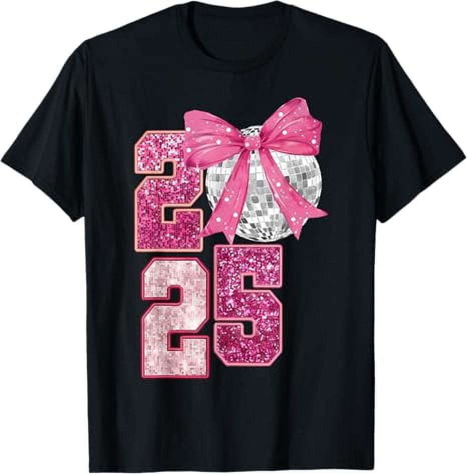 Happy New Year 2025 Disco Ball Pink Coquette Bow Family TShirt