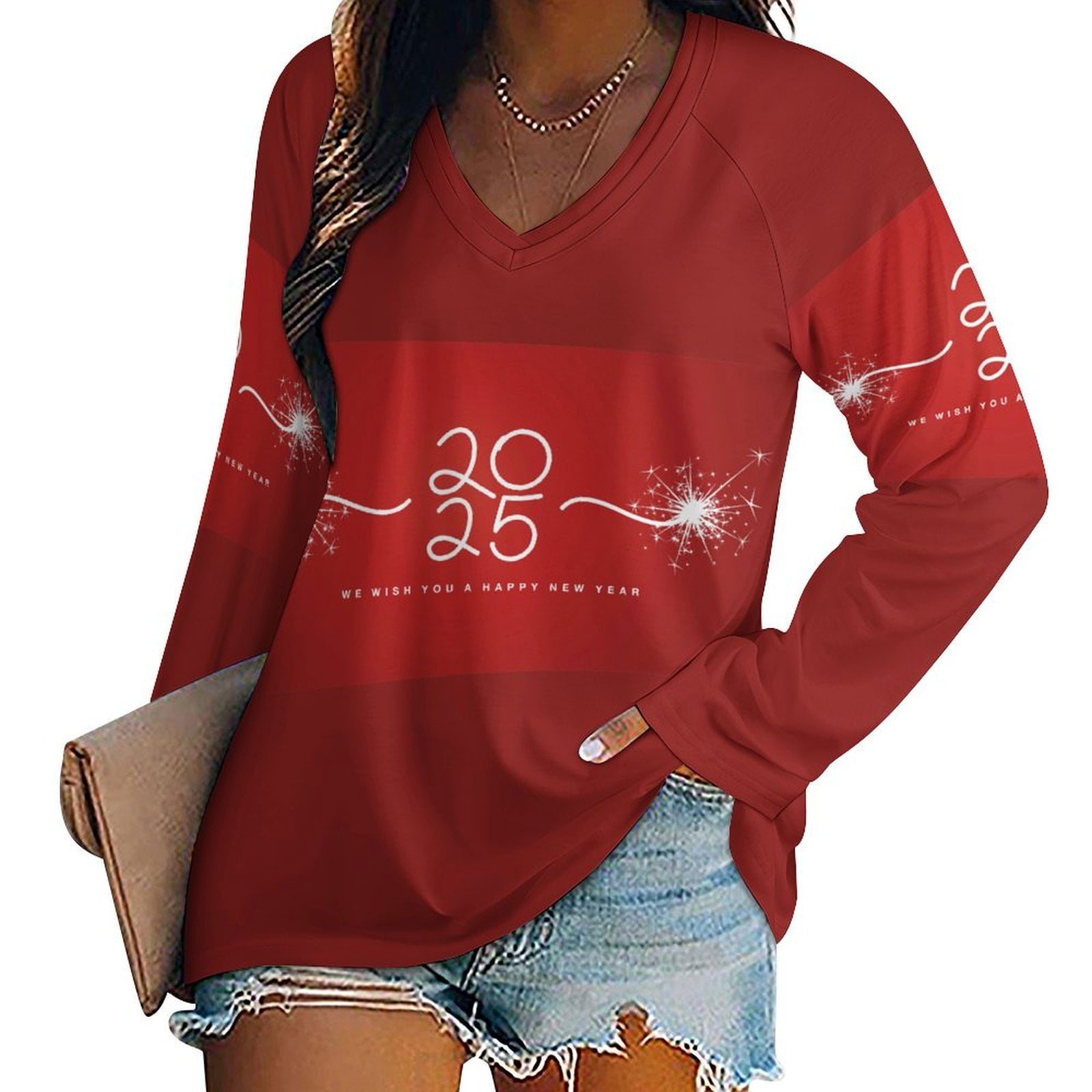 Happy New Year 2025 Women's Long Sleeve Shirts Casual V Neck Tops for