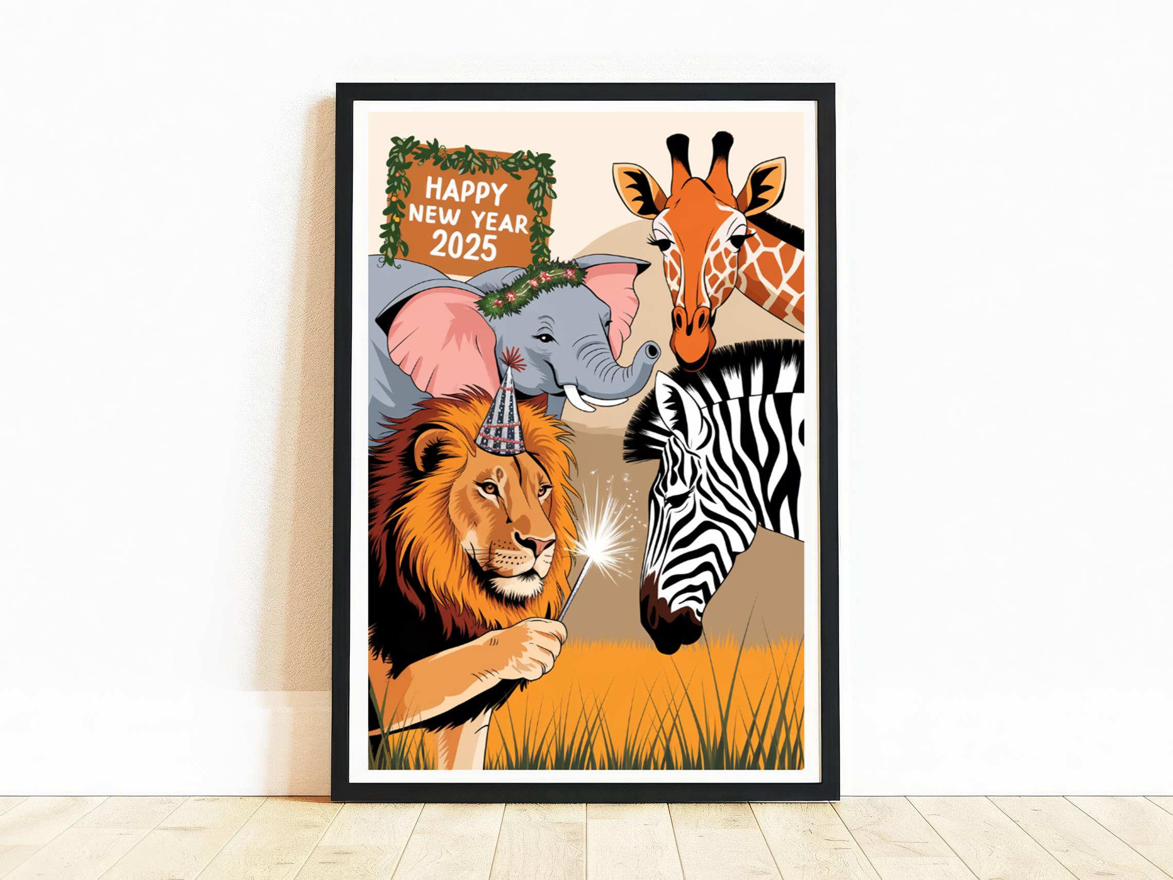 Happy New Year 2025 poster with wild animals, New Year 2025 celebration