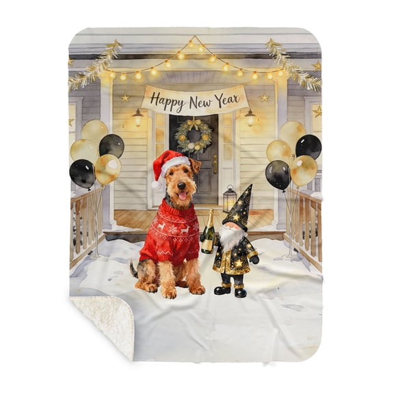 Happy New Year 2026 Airedale Terrier Santa Gnome Holiday Party Snow Cozy Sherpa Blanket Dale Waterside Dog Lover Warm Soft Throw Blanket - 13019