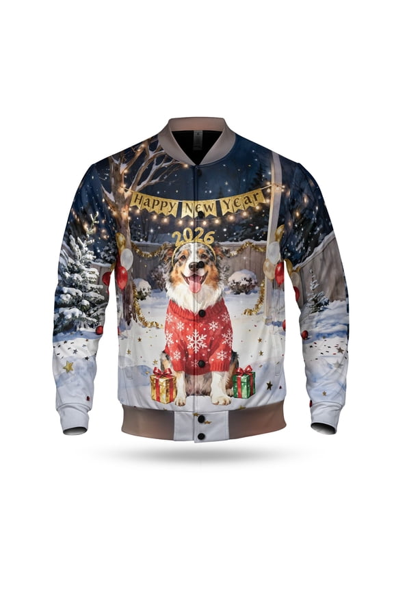 Happy New Year 2026 Australian Shepherd Holiday Balloons Party Snow All Over Print 3D Baseball Jacket Aussie Dog Lover Gifts Bomber Jacket Softball - 13018