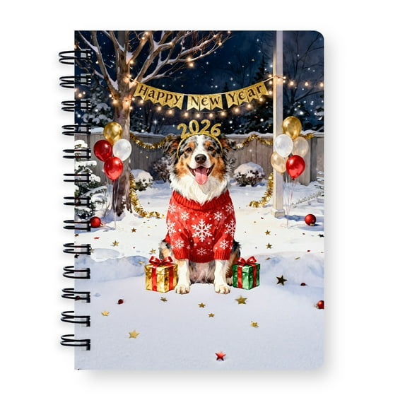 Happy New Year 2026 Australian Shepherd Holiday Balloons Party Snow Spiral Bound Journal Aussie Dog Lover Gifts 5x7in Spiral Notebook - 13018