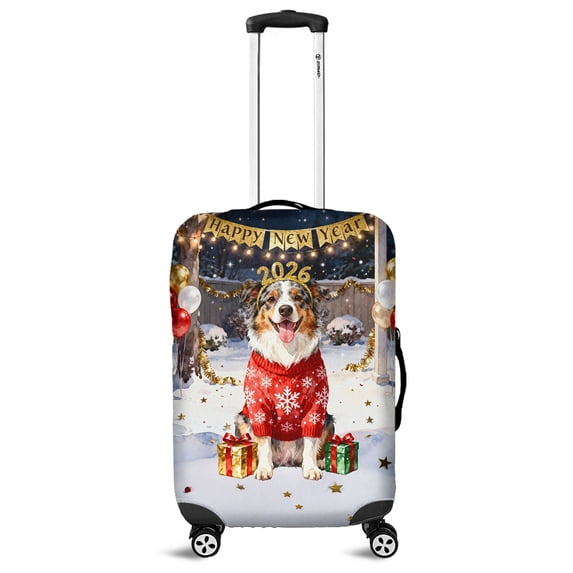 Happy New Year 2026 Australian Shepherd Holiday Balloons Party Snow Travel Luggage Cover Aussie Dog Lover Gifts Suitcase Dust Protective Decor - 13018