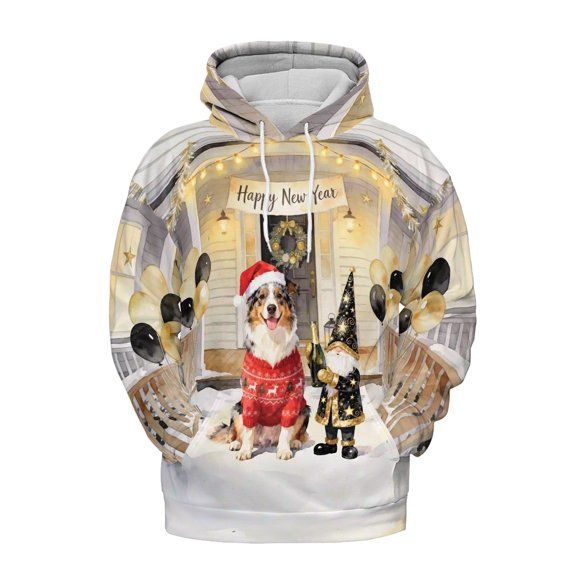 Happy New Year 2026 Australian Shepherd Santa Gnome Holiday Party Snow All Over Print 3D Hoodie Unisex Merch Hoodies Aussie Dog Lover Gifts - 13019