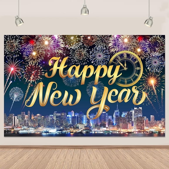 Happy New Year 2026 Backdrop Colorful Fireworks Happy New Year Photography Background Clock City Scene for 2026 Family Gathering Party Decorations Banner Photo Booth Props