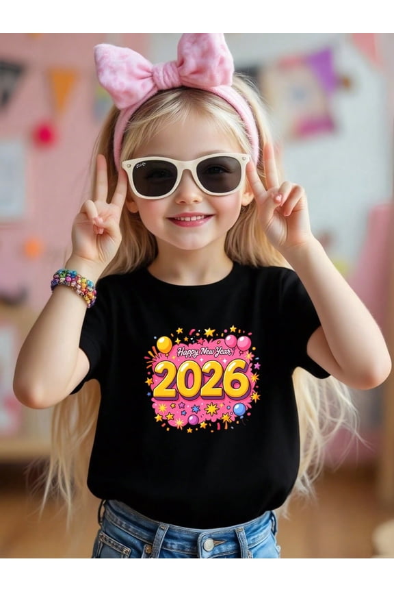 Happy New Year 2026 And Ballon Stars Patterned Novelty Graphic Kid T-Shirt Casual  Style With 100% Cotton Fabric,Suitable for Boys And Girls,Size From 3T-13Y,Ideal Gift for Kids