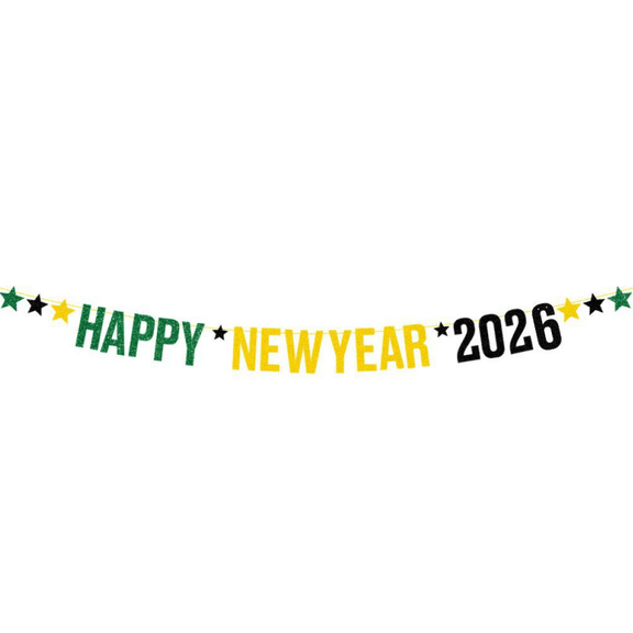 Happy New Year 2026 Banner, Glitter Letter Garland with Stars, Green Yellow Black, Party Decoration