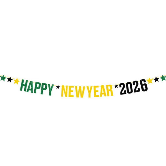 Happy New Year 2026 Banner, Green, Yellow and Black Glitter Letter Garland with Stars, New Year Party Decoration