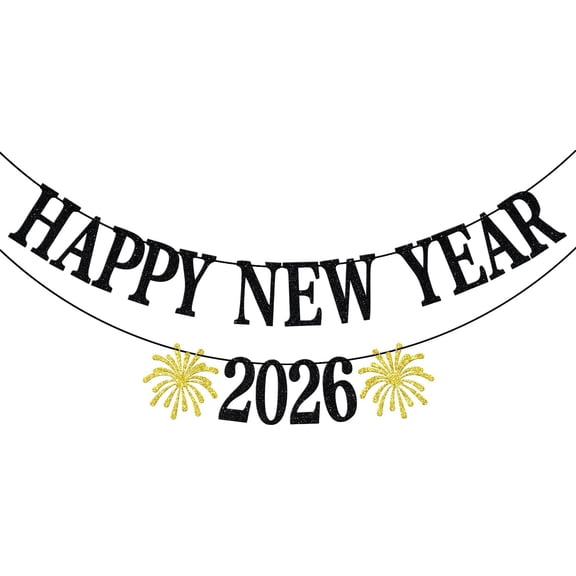Happy New Year 2026 Banner, Hello 2026 Banner, Good Bye 2025 Welcome 2026 Decor, New Year Decor for 2026 New Year's Eve Party, Black & Gold Glitter