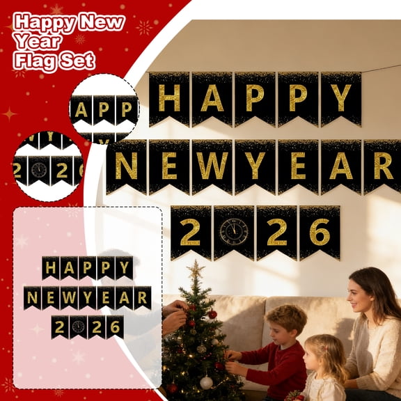 Happy New Year 2026 Banner Set, Festive Party Decoration For S & Teens, New Year's Eve Home & Event Decor, Black & Gold Party Bunting, New Year Celebration Decorations, Party