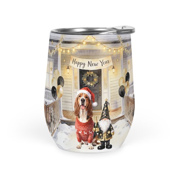 Happy New Year 2026 Basset Hound Santa Gnome Holiday Party Snow 12oz Stainless Steel Wine Tumbler Insulated Cup with Lid Bassets Dog Breed Lovers Gifts Idea - 13019