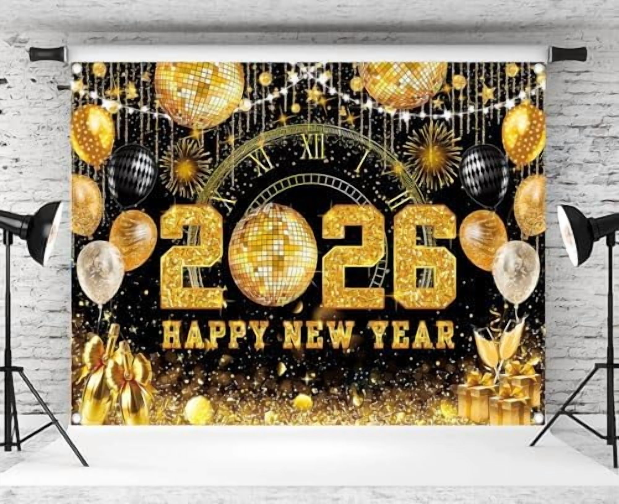 Happy New Year 2026 Black Gold Backdrop 2026 New Year Eve Countdown ...