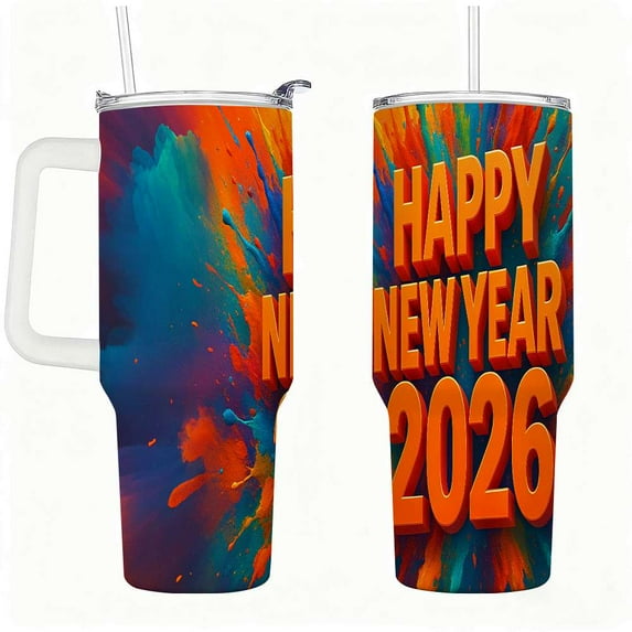 Happy New Year 2026 Bold Color Splash Mug with Handle, Premium Stainless Steel Insulated Coffee Mug