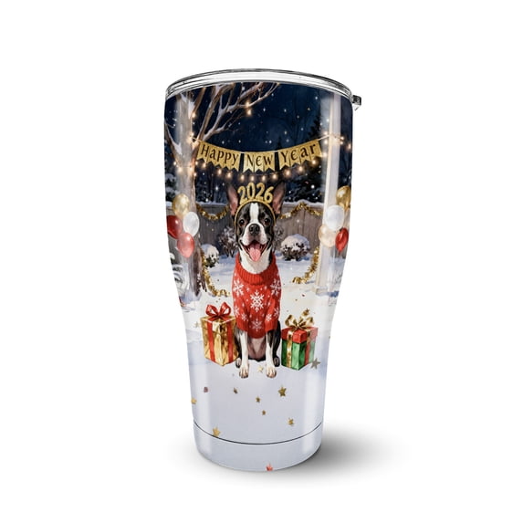 Happy New Year 2026 Boston Terrier Holiday Balloons Party Snow 30oz Stainless Steel Tumbler Insulated Cup with Lid Gentleman Dog Lover Gifts - 13018