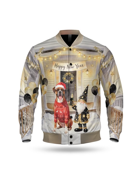 Happy New Year 2026 Boxer Santa Gnome Holiday Party Snow All Over Print 3D Baseball Jacket Boxers Dog Lover Gifts Idea Bomber Jacket Softball - 13019