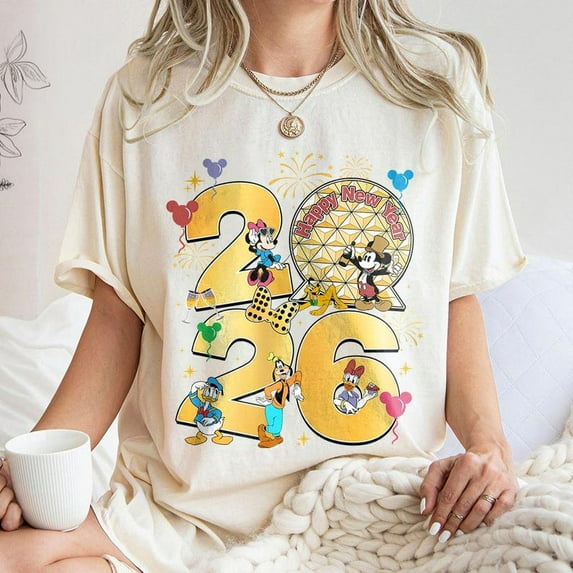 Happy New Year 2026 Comfort Colors T-shirt, Disney Mickey Minnie Donald Pluto Tee, Disney Epcot Spaceship Earth Shirt, Gold Fireworks Family Matching Trip