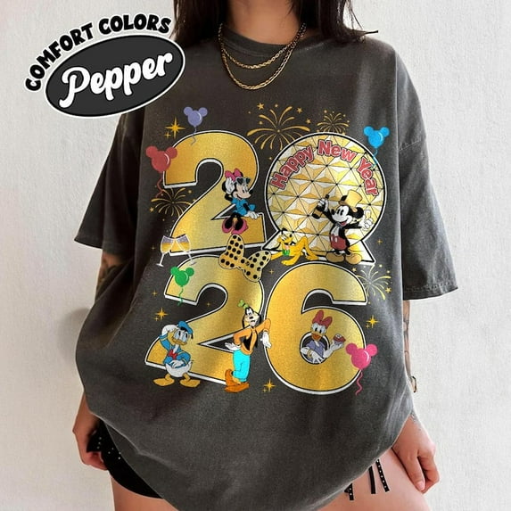 Happy New Year 2026 Comfort Colors T-shirt, Disney Mickey Minnie Donald Pluto Tee, Disney Epcot Spaceship Earth Shirt, Gold Fireworks Family Matching Trip,Pepper Color,Size 3XL