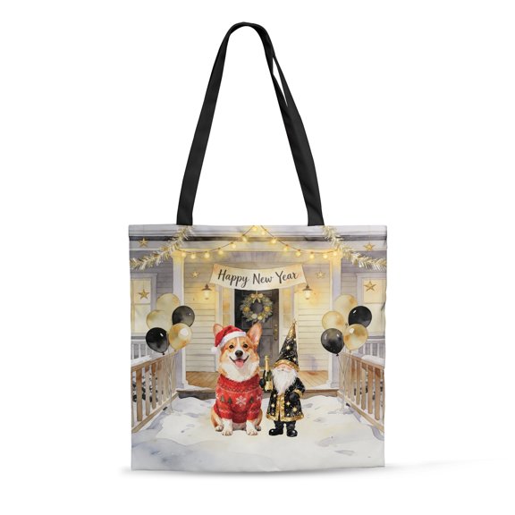 Happy New Year 2026 Corgi Santa Gnome Holiday Party Snow All Over Print 3D Canvas Tote Bag Welsh Corgi Dog Lover Gifts Idea Reusable Handbag - 13019