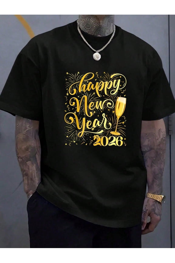 Happy New Year 2026 Countdown Fireworks Holiday Cheer T-Shirt - Soft 100% Cotton, Breathable, Casual Short Sleeve Top For Men