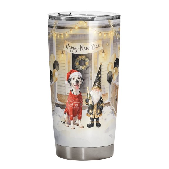 Happy New Year 2026 Dalmatian Santa Gnome Holiday Party Snow 20oz Stainless Steel Tumbler Insulated Cup with Lid Dog Lover - 13019