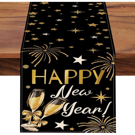 Happy New Year 2026 Dining Table Runner, Black Gold Champagne Fireworks Stars Burlap Kitchen Decoration, Christmas Winter Indoor Outdoor Home Decor Party Supply 13.8 x 71 Inches