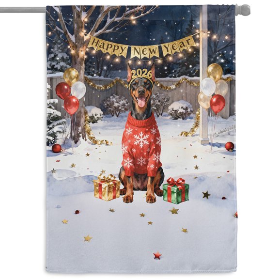 Happy New Year 2026 Doberman Pinscher Holiday Balloons Party Snow House Flag 28x40in Double Sided Doberman Dog Lover Gifts Outdoor Decor - 13018