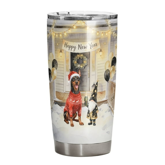 Happy New Year 2026 Doberman Pinscher Santa Gnome Holiday Party Snow 20oz Stainless Steel Tumbler Insulated Cup with Lid Doberman Dog Lover Gifts - 13019