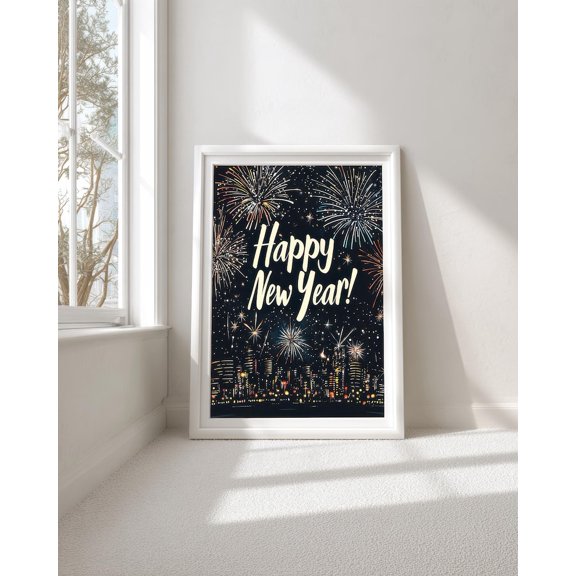 Happy New Year 2026 Fireworks Art Poster, Night City Celebration Illustration Wall Decor, Size 24x36, Unframed Poster