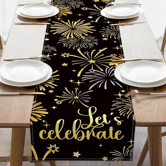 Happy New Year 2026 Fireworks Table Runner, Black Gold Let''s Celebrate Kitchen Dining Table Decoration, Golden Christmas Winter Burlap Indoor Outdoor Home Decor Party Supply 13.8 x 71 Inches