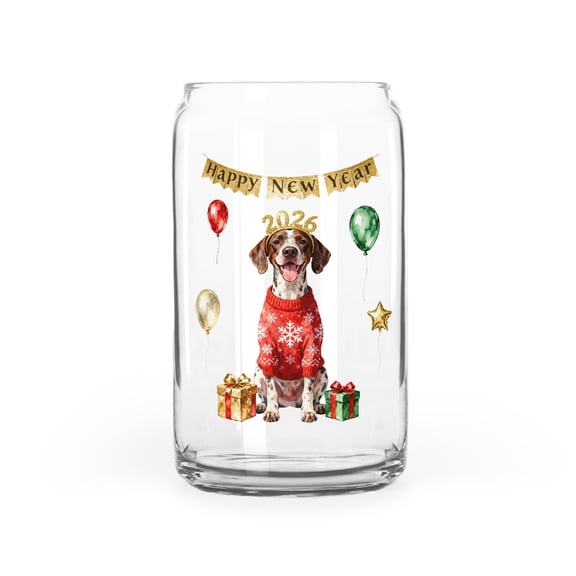 Happy New Year 2026 German Shorthaired Pointer Holiday Balloons Party Snow 16oz Glass Cup Mug GSP Lover Dog Gift Glass Can - 13018