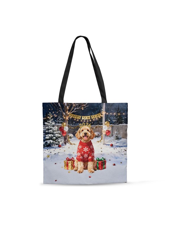 Happy New Year 2026 Goldendoodle Holiday Balloons Party Snow All Over Print 3D Canvas Tote Bag Doodle Dog Lover Gifts Idea Reusable Handbag - 13018